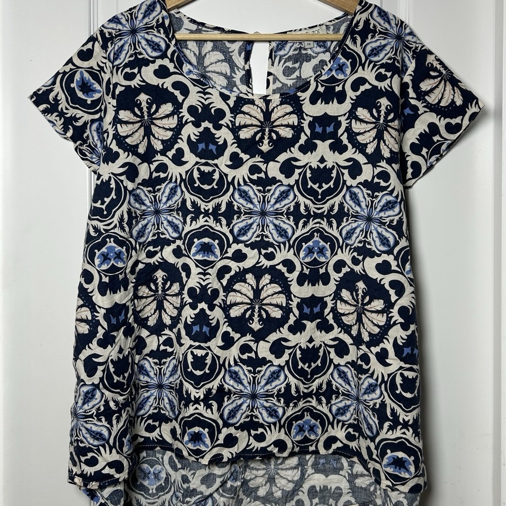 Rachel Zoe Linen Blend Navy Cream Medallion Damask High Low Top Boho Chic‎ Style